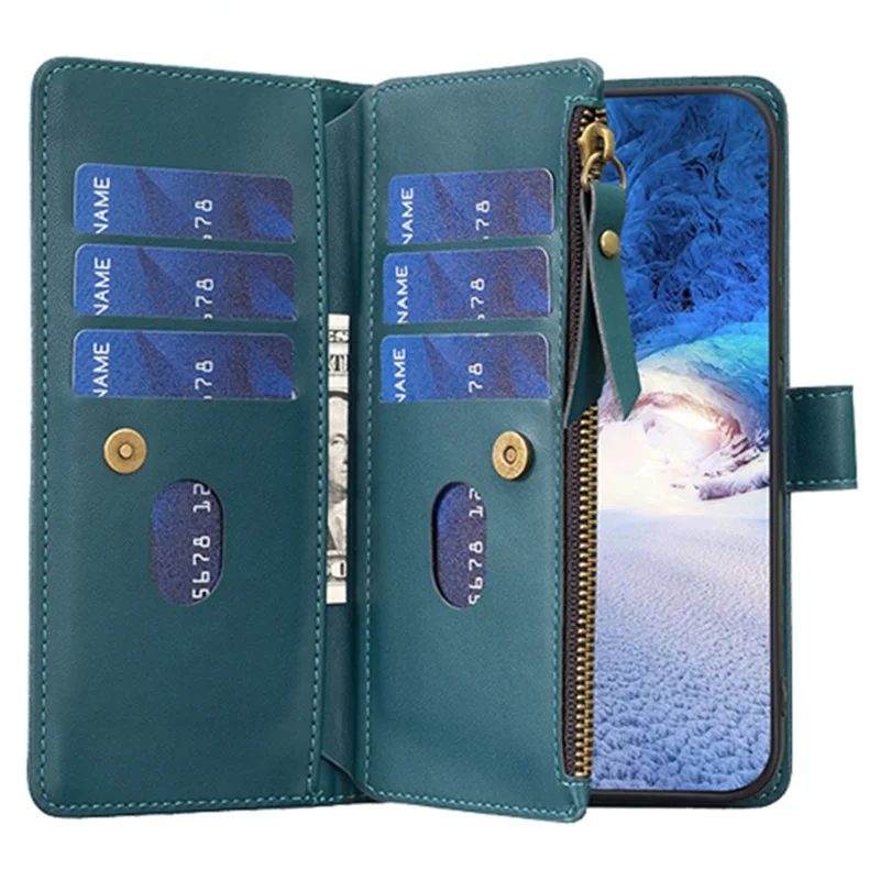 BF Style-19 For iPhone 15 Pro Max PU Leather Phone Case Flip Wallet Stand Cover with Zipper Pocket - Green