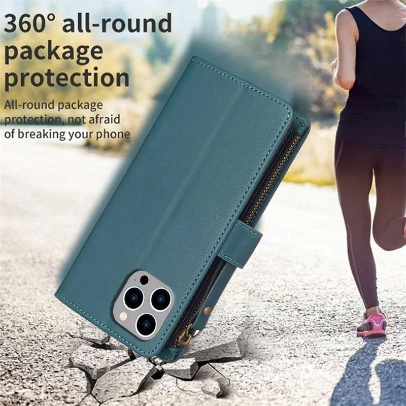 BF Style-19 For iPhone 15 Pro Max PU Leather Phone Case Flip Wallet Stand Cover with Zipper Pocket - Green