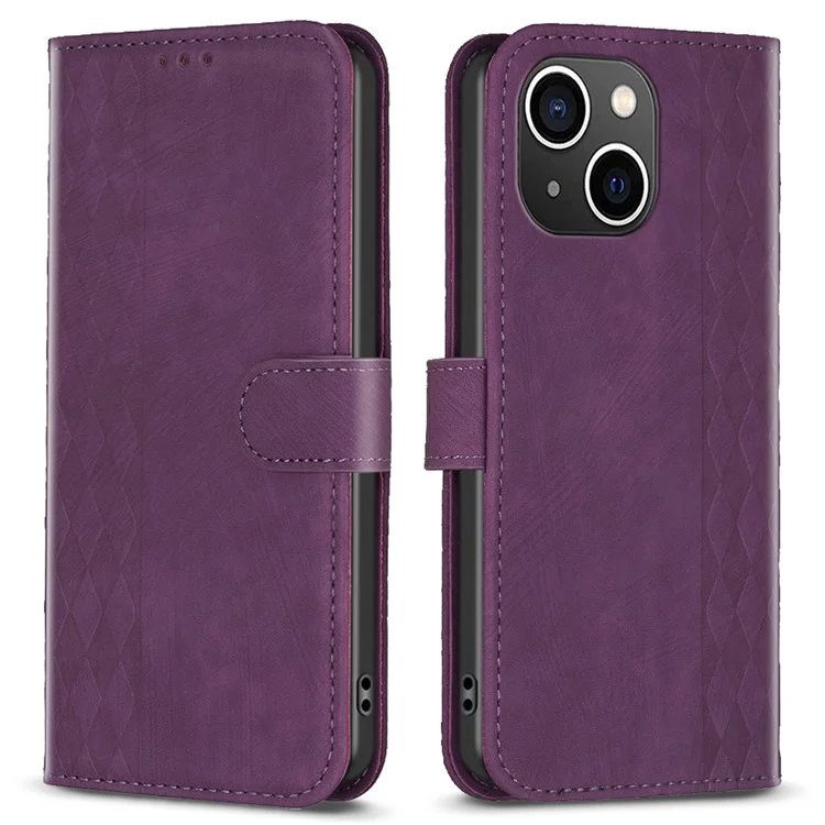 Imprinted Rhombus PU Leather Case for iPhone 15 , Drop-Proof Stand Wallet Phone Cover - Purple