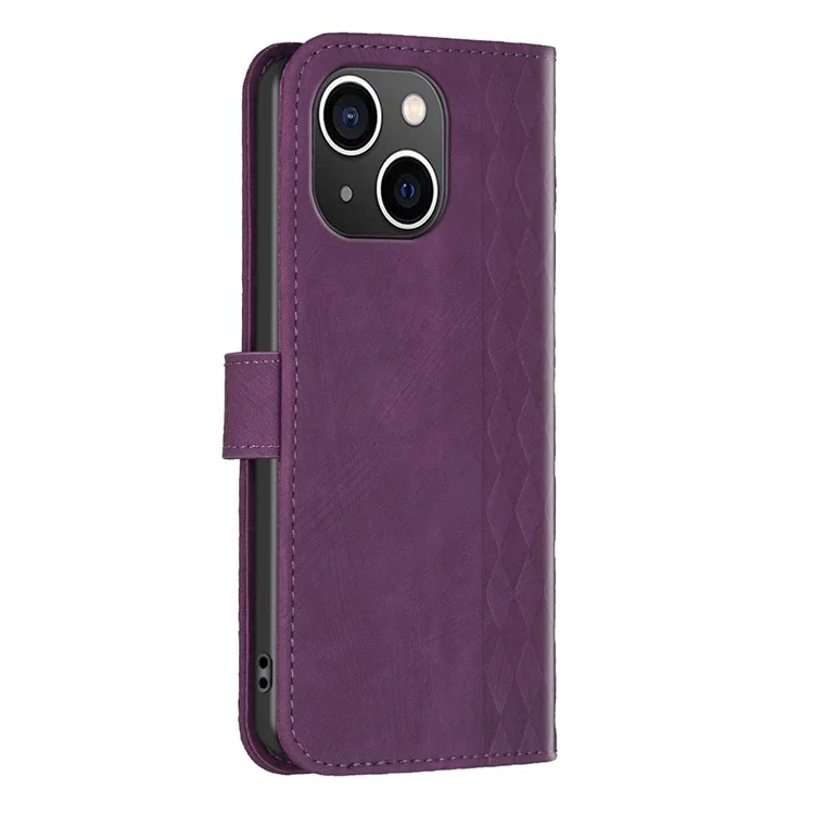 Imprinted Rhombus PU Leather Case for iPhone 15 , Drop-Proof Stand Wallet Phone Cover - Purple