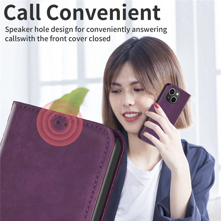 Imprinted Rhombus PU Leather Case for iPhone 15 , Drop-Proof Stand Wallet Phone Cover - Purple