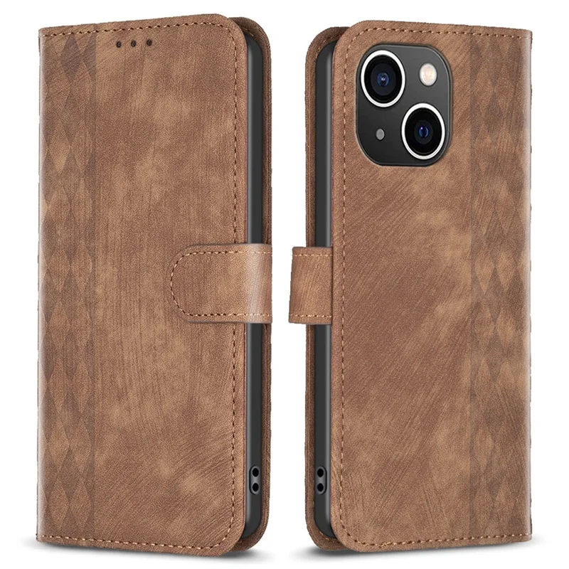Imprinted Rhombus PU Leather Case for iPhone 15 , Drop-Proof Stand Wallet Phone Cover - Brown