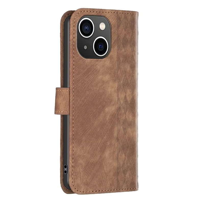 Imprinted Rhombus PU Leather Case for iPhone 15 , Drop-Proof Stand Wallet Phone Cover - Brown