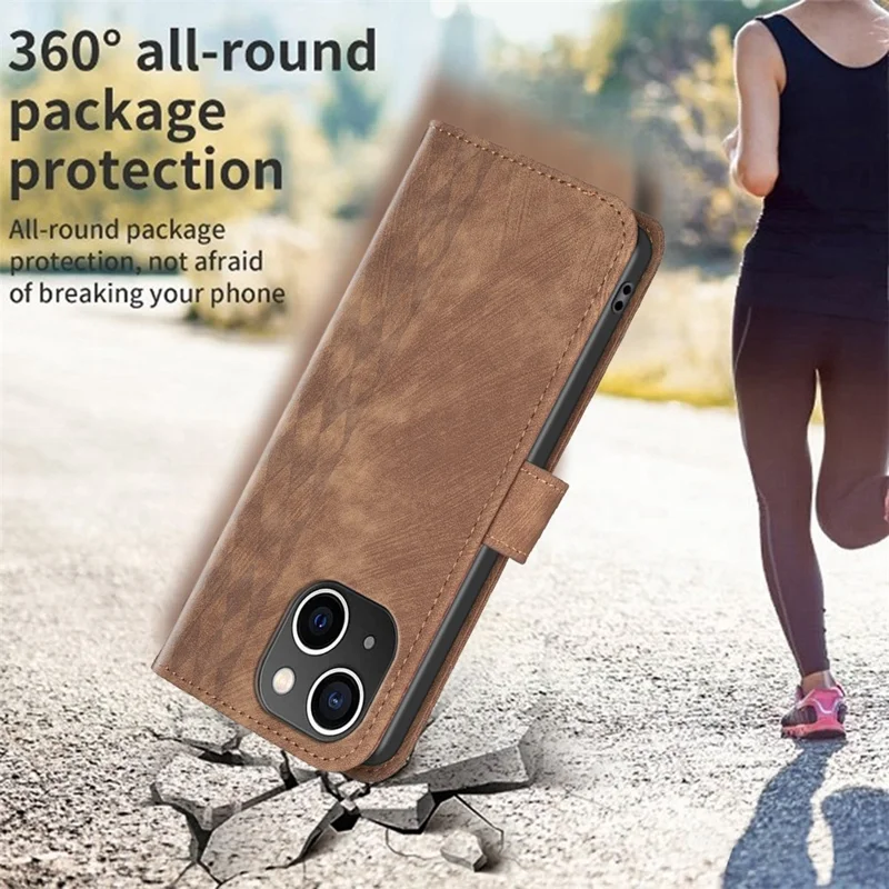 Imprinted Rhombus PU Leather Case for iPhone 15 , Drop-Proof Stand Wallet Phone Cover - Brown