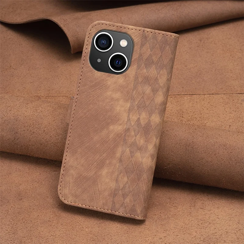 Imprinted Rhombus PU Leather Case for iPhone 15 , Drop-Proof Stand Wallet Phone Cover - Brown