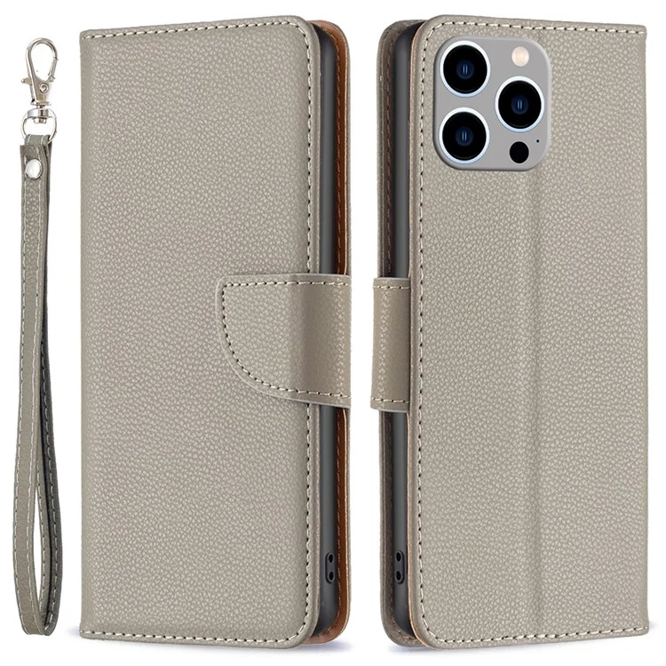 Pour iPhone 15 Pro Max Wallet PU Leather Case Litchi Texture Stand Anti-drop Phone Cover with Strap - Grey