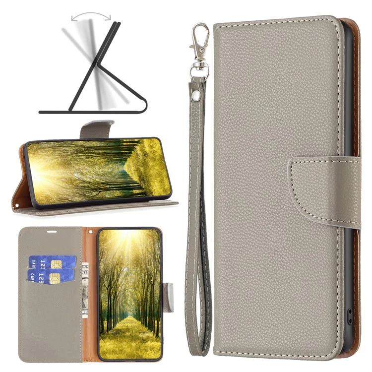 Pour iPhone 15 Pro Max Wallet PU Leather Case Litchi Texture Stand Anti-drop Phone Cover with Strap - Grey