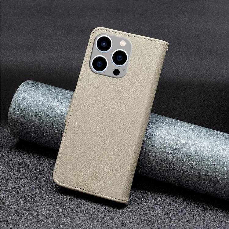 Pour iPhone 15 Pro Max Wallet PU Leather Case Litchi Texture Stand Anti-drop Phone Cover with Strap - Grey