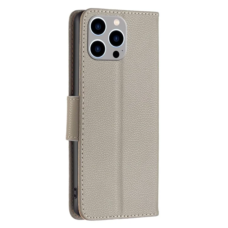 Pour iPhone 15 Pro Max Wallet PU Leather Case Litchi Texture Stand Anti-drop Phone Cover with Strap - Grey