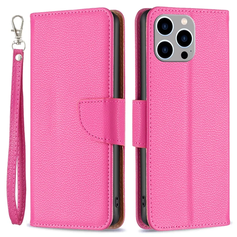 For iPhone 15 Pro Max Wallet Case with Wrist Strap Litchi Texture Leather Phone Stand Cover - Rose