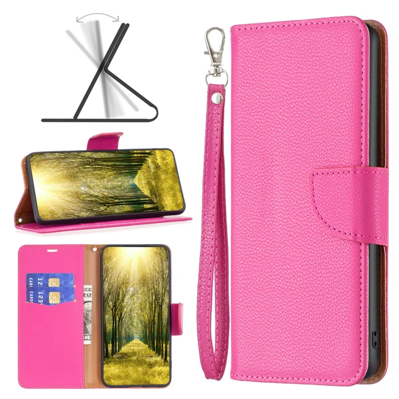 For iPhone 15 Pro Max Wallet Case with Wrist Strap Litchi Texture Leather Phone Stand Cover - Rose