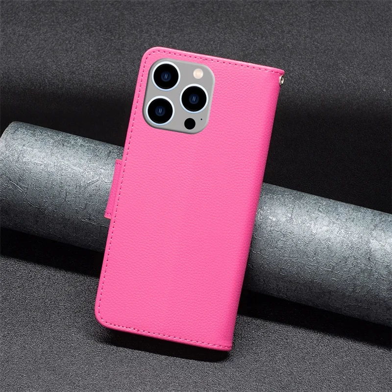 For iPhone 15 Pro Max Wallet Case with Wrist Strap Litchi Texture Leather Phone Stand Cover - Rose