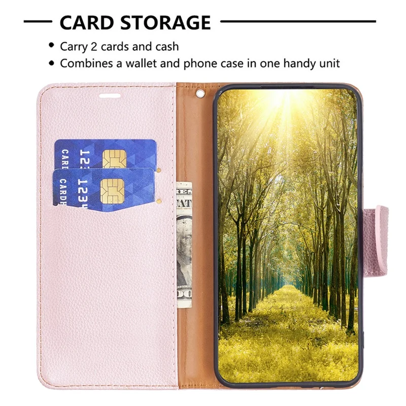 For iPhone 15 Pro Max Wallet Case with Wrist Strap Litchi Texture Leather Phone Stand Cover - Rose Gold