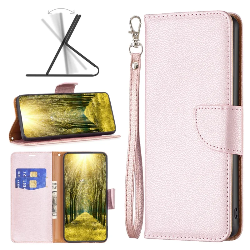 For iPhone 15 Pro Max Wallet Case with Wrist Strap Litchi Texture Leather Phone Stand Cover - Rose Gold