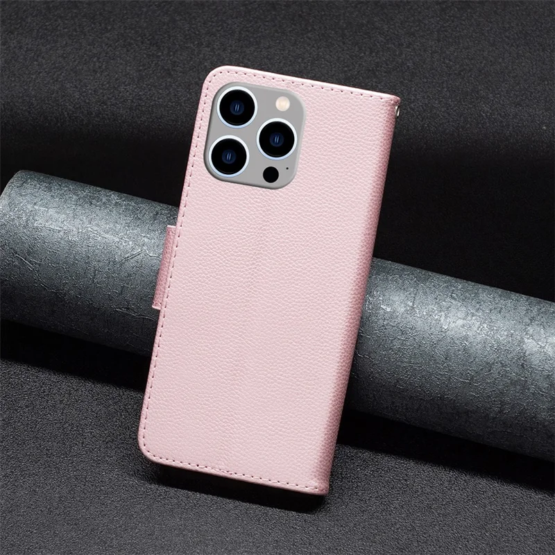 For iPhone 15 Pro Max Wallet Case with Wrist Strap Litchi Texture Leather Phone Stand Cover - Rose Gold
