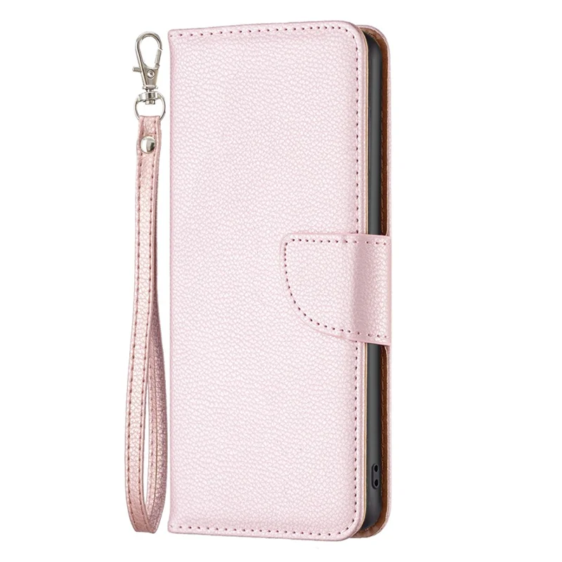 For iPhone 15 Pro Max Wallet Case with Wrist Strap Litchi Texture Leather Phone Stand Cover - Rose Gold