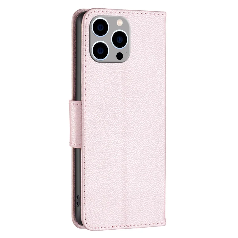 For iPhone 15 Pro Max Wallet Case with Wrist Strap Litchi Texture Leather Phone Stand Cover - Rose Gold