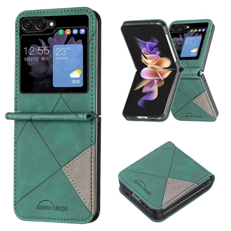 BINFEN COLOR Para Samsung Galaxy Z Flip5 5G Capa de Celular PU Leather+PC Imprinted Pattern Cover - Verde