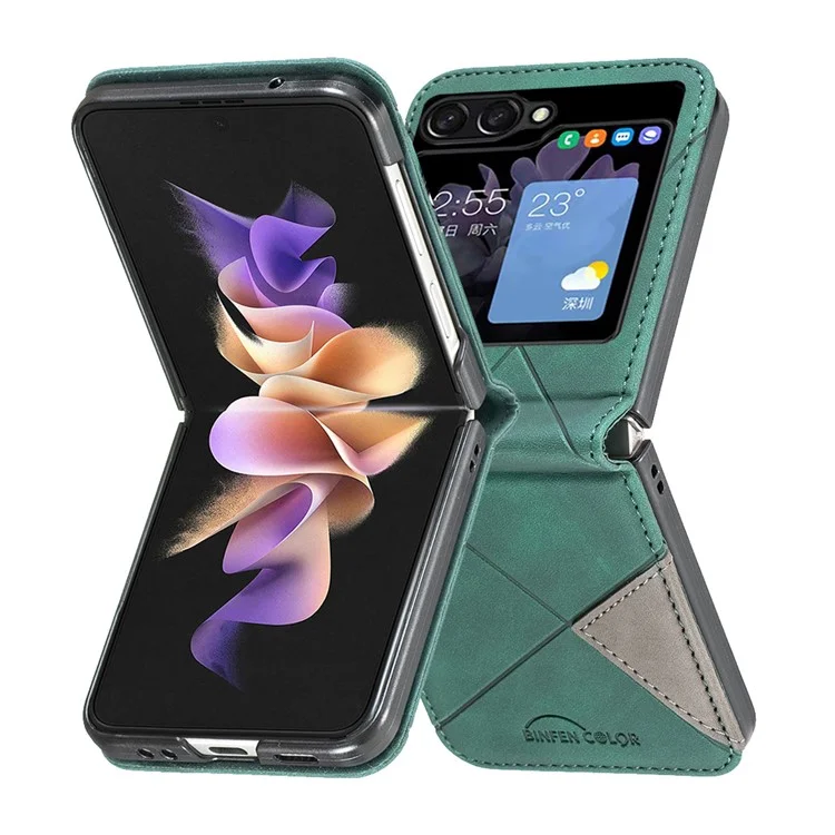 BINFEN COLOR Para Samsung Galaxy Z Flip5 5G Capa de Celular PU Leather+PC Imprinted Pattern Cover - Verde