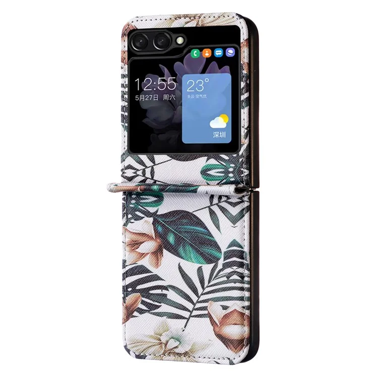 Per Samsung Galaxy Z Flip5 5G PU Leather+PC Phone Case Pattern Printing Protective Cover - Foglie e Fiori