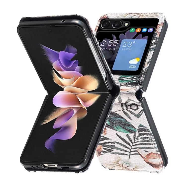 Per Samsung Galaxy Z Flip5 5G PU Leather+PC Phone Case Pattern Printing Protective Cover - Foglie e Fiori
