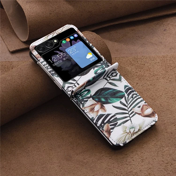 Per Samsung Galaxy Z Flip5 5G PU Leather+PC Phone Case Pattern Printing Protective Cover - Foglie e Fiori