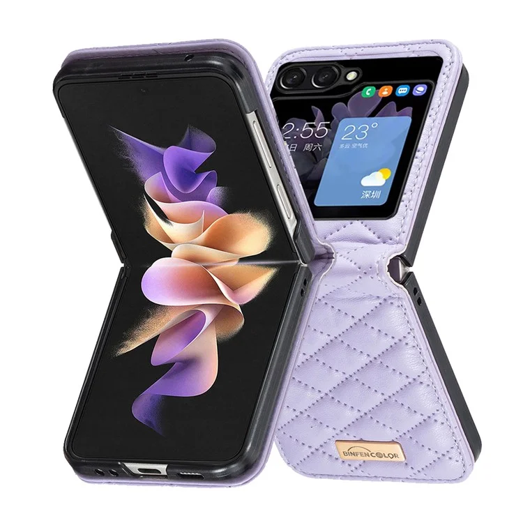 BINFEN COLOR Pour Samsung Galaxy Z Flip5 5G Étui en Cuir PU+PC Motif Losange Imprimé Étui pour Téléphone - Violet