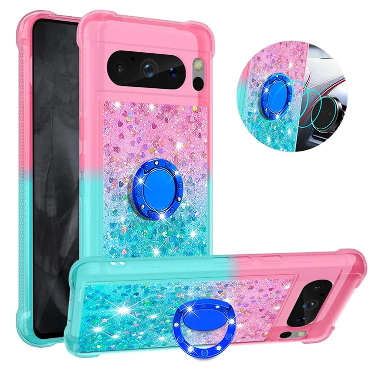 For Google Pixel 8 Pro TPU Case with Kickstand Gradiant Quicksand Shockproof Cover - Pink+Sky Blue