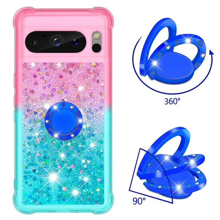 For Google Pixel 8 Pro TPU Case with Kickstand Gradiant Quicksand Shockproof Cover - Pink+Sky Blue