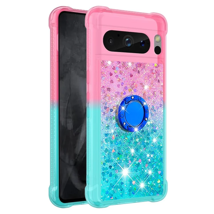 For Google Pixel 8 Pro TPU Case with Kickstand Gradiant Quicksand Shockproof Cover - Pink+Sky Blue