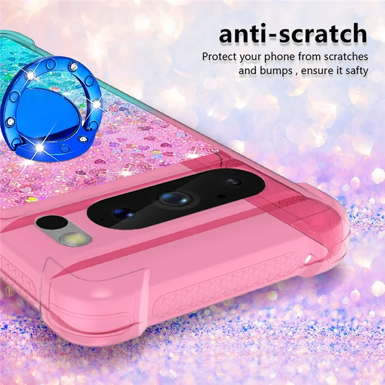 For Google Pixel 8 Pro TPU Case with Kickstand Gradiant Quicksand Shockproof Cover - Pink+Sky Blue