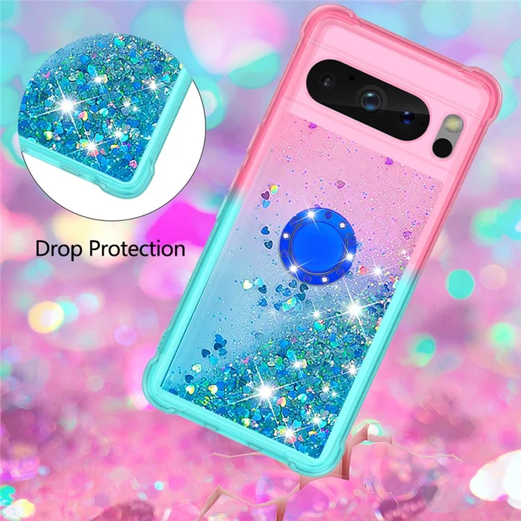 For Google Pixel 8 Pro TPU Case with Kickstand Gradiant Quicksand Shockproof Cover - Pink+Sky Blue