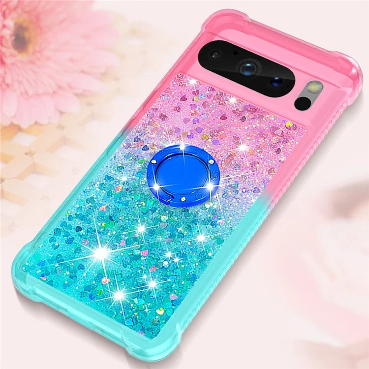 For Google Pixel 8 Pro TPU Case with Kickstand Gradiant Quicksand Shockproof Cover - Pink+Sky Blue