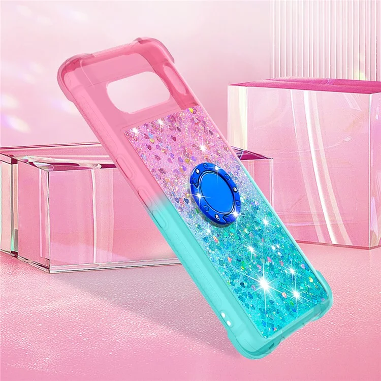 For Google Pixel 8 Pro TPU Case with Kickstand Gradiant Quicksand Shockproof Cover - Pink+Sky Blue