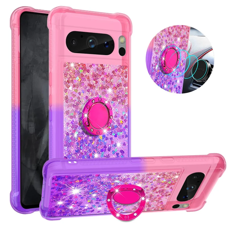 For Google Pixel 8 Pro TPU Case with Kickstand Gradiant Quicksand Shockproof Cover - Pink+Purple