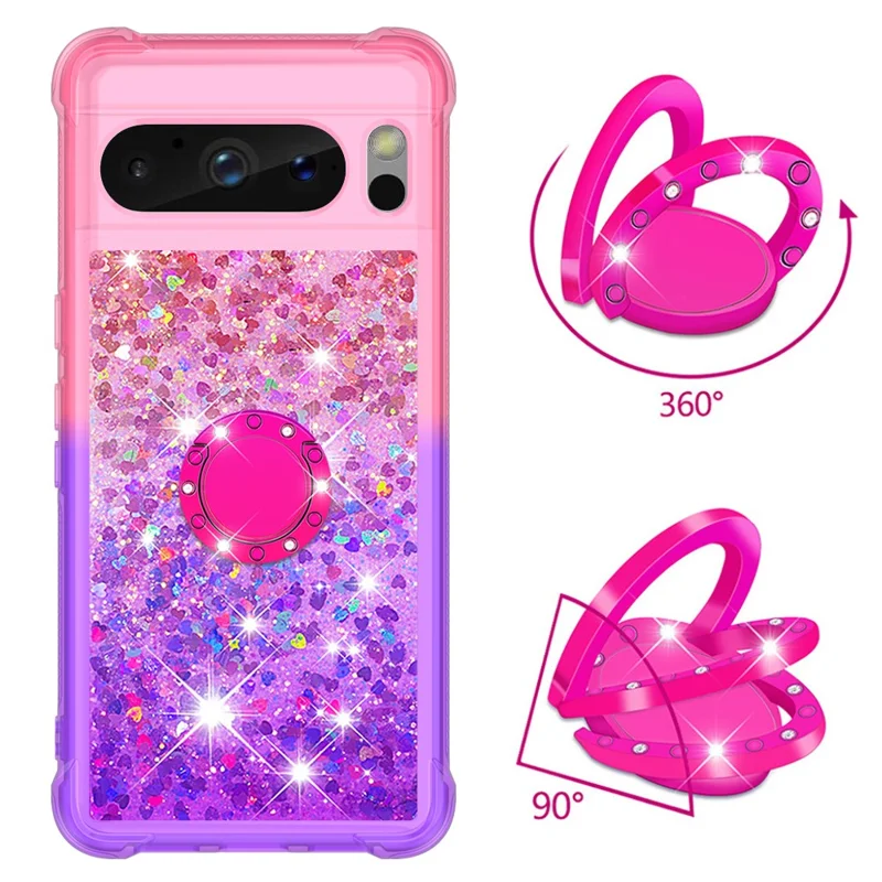 For Google Pixel 8 Pro TPU Case with Kickstand Gradiant Quicksand Shockproof Cover - Pink+Purple