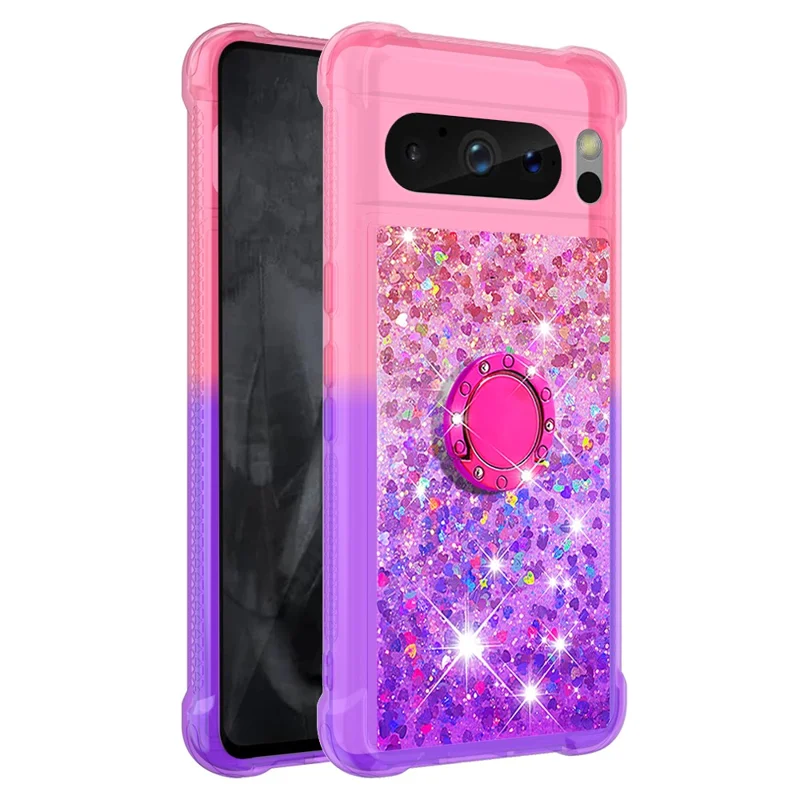 For Google Pixel 8 Pro TPU Case with Kickstand Gradiant Quicksand Shockproof Cover - Pink+Purple