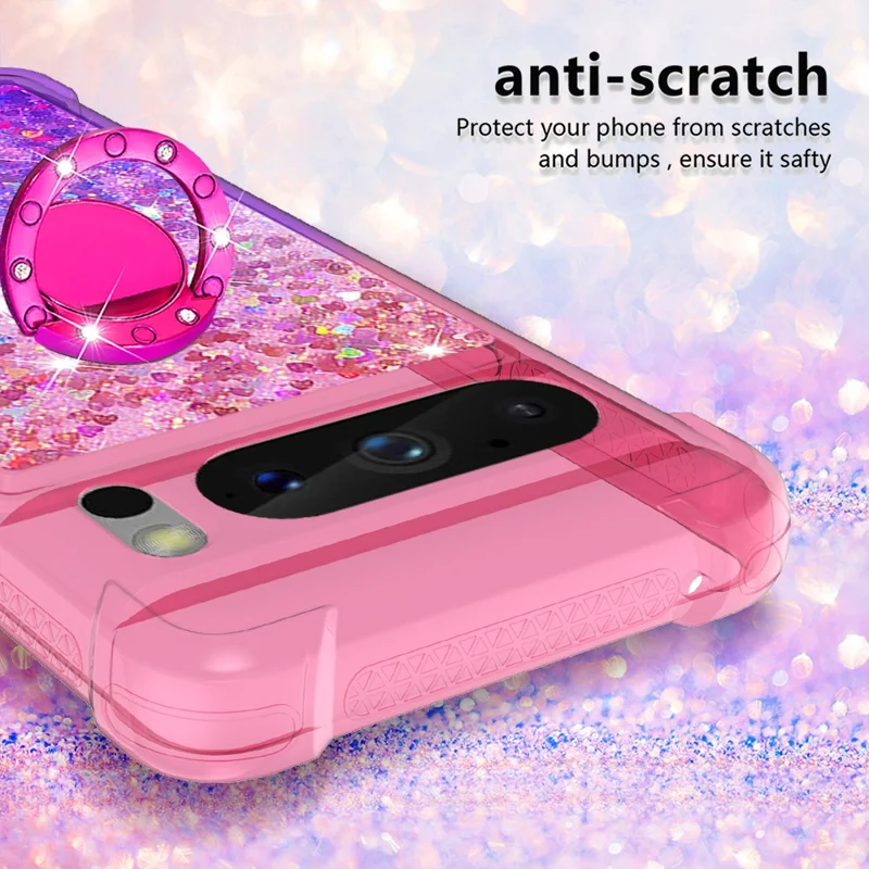 For Google Pixel 8 Pro TPU Case with Kickstand Gradiant Quicksand Shockproof Cover - Pink+Purple