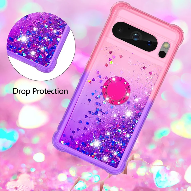 For Google Pixel 8 Pro TPU Case with Kickstand Gradiant Quicksand Shockproof Cover - Pink+Purple