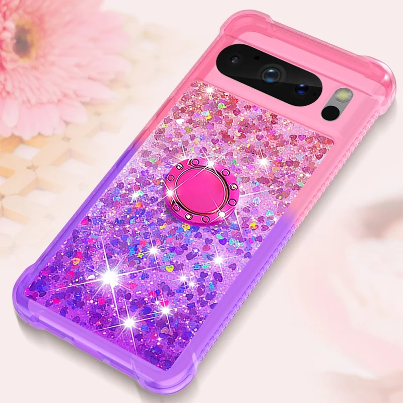 For Google Pixel 8 Pro TPU Case with Kickstand Gradiant Quicksand Shockproof Cover - Pink+Purple
