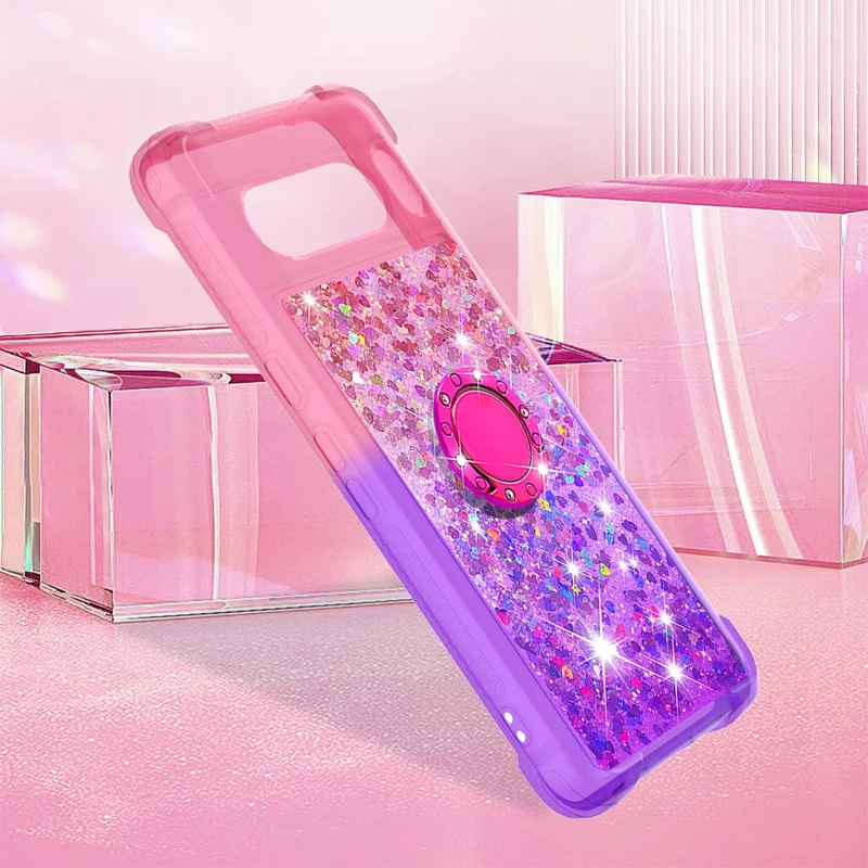 For Google Pixel 8 Pro TPU Case with Kickstand Gradiant Quicksand Shockproof Cover - Pink+Purple