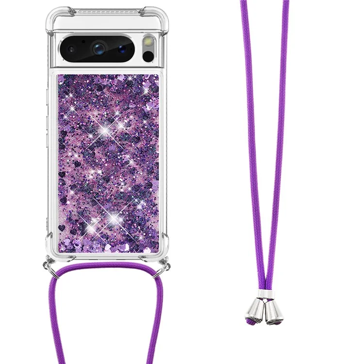For Google Pixel 8 Pro TPU Case Quicksand Design Phone Cover with Lanyard - Dark Purple / Hearts