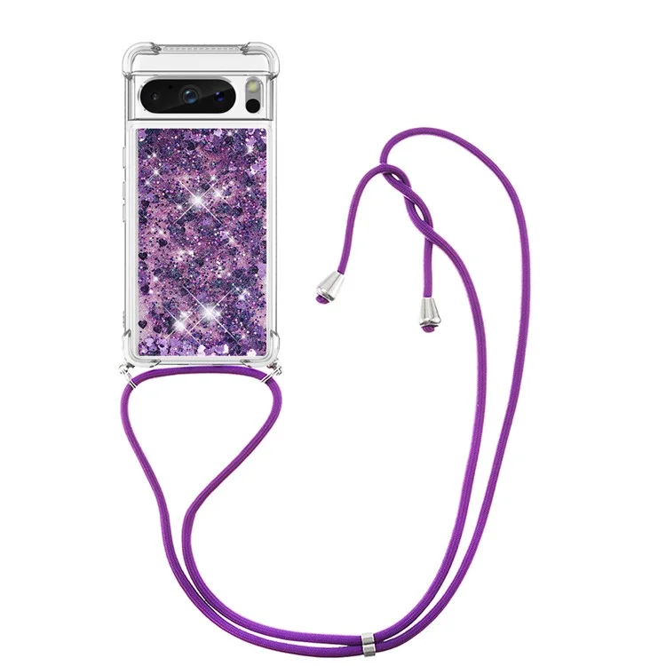 For Google Pixel 8 Pro TPU Case Quicksand Design Phone Cover with Lanyard - Dark Purple / Hearts