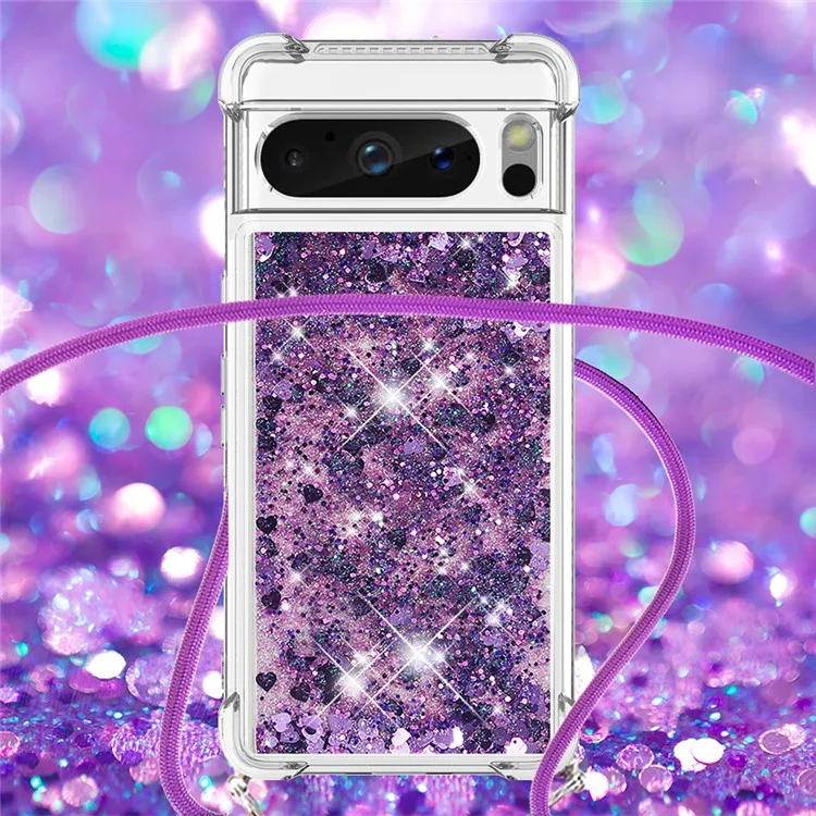 For Google Pixel 8 Pro TPU Case Quicksand Design Phone Cover with Lanyard - Dark Purple / Hearts