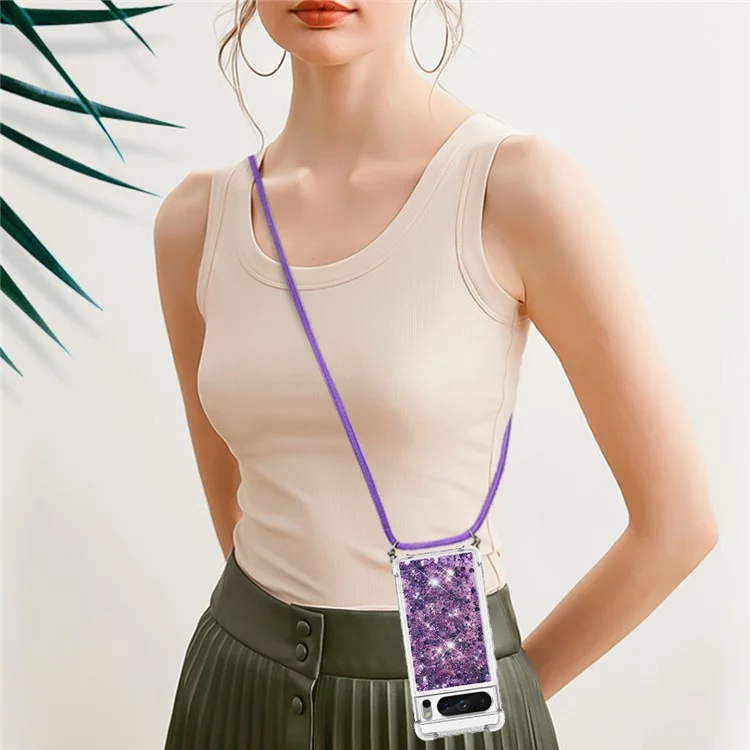For Google Pixel 8 Pro TPU Case Quicksand Design Phone Cover with Lanyard - Dark Purple / Hearts