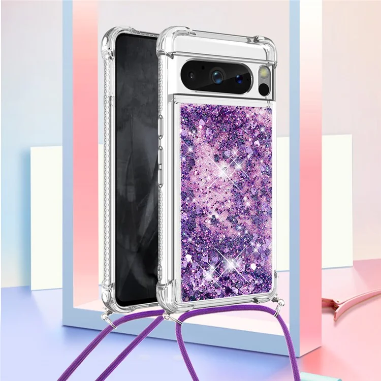 For Google Pixel 8 Pro TPU Case Quicksand Design Phone Cover with Lanyard - Dark Purple / Hearts