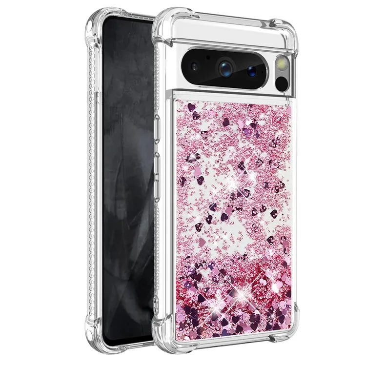 For Google Pixel 8 Pro TPU Case Glitter Quicksand Shockproof Phone Back Cover - Rose Gold / Hearts
