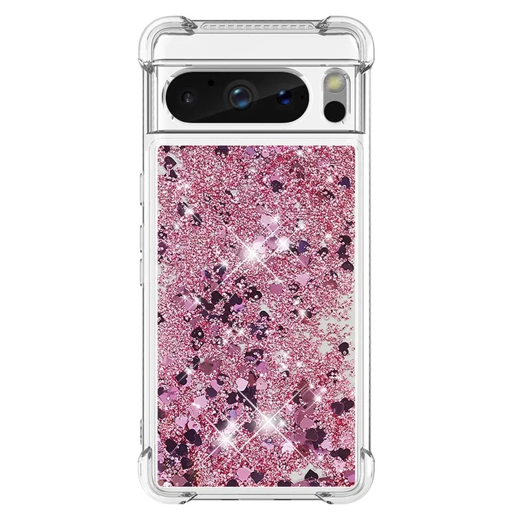 For Google Pixel 8 Pro TPU Case Glitter Quicksand Shockproof Phone Back Cover - Rose Gold / Hearts
