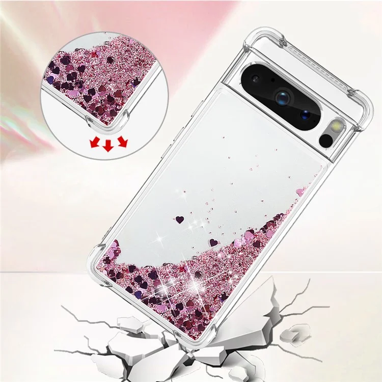 For Google Pixel 8 Pro TPU Case Glitter Quicksand Shockproof Phone Back Cover - Rose Gold / Hearts