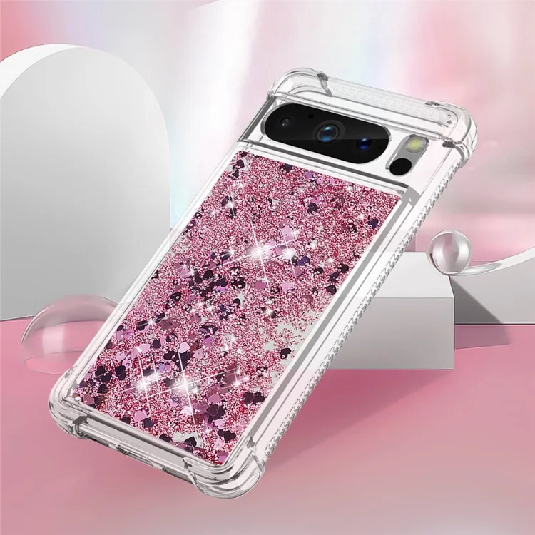 For Google Pixel 8 Pro TPU Case Glitter Quicksand Shockproof Phone Back Cover - Rose Gold / Hearts